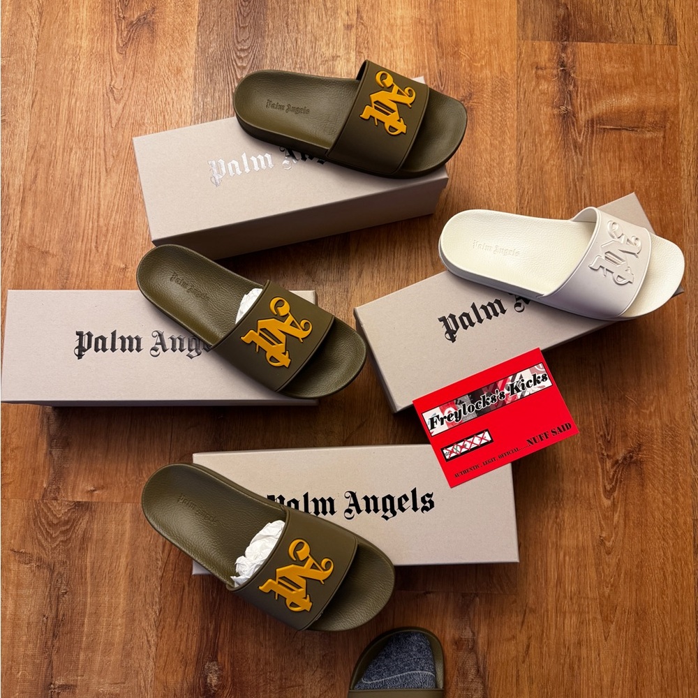 Palm Angels Green and Cream Slide Sandals with Wide Strap